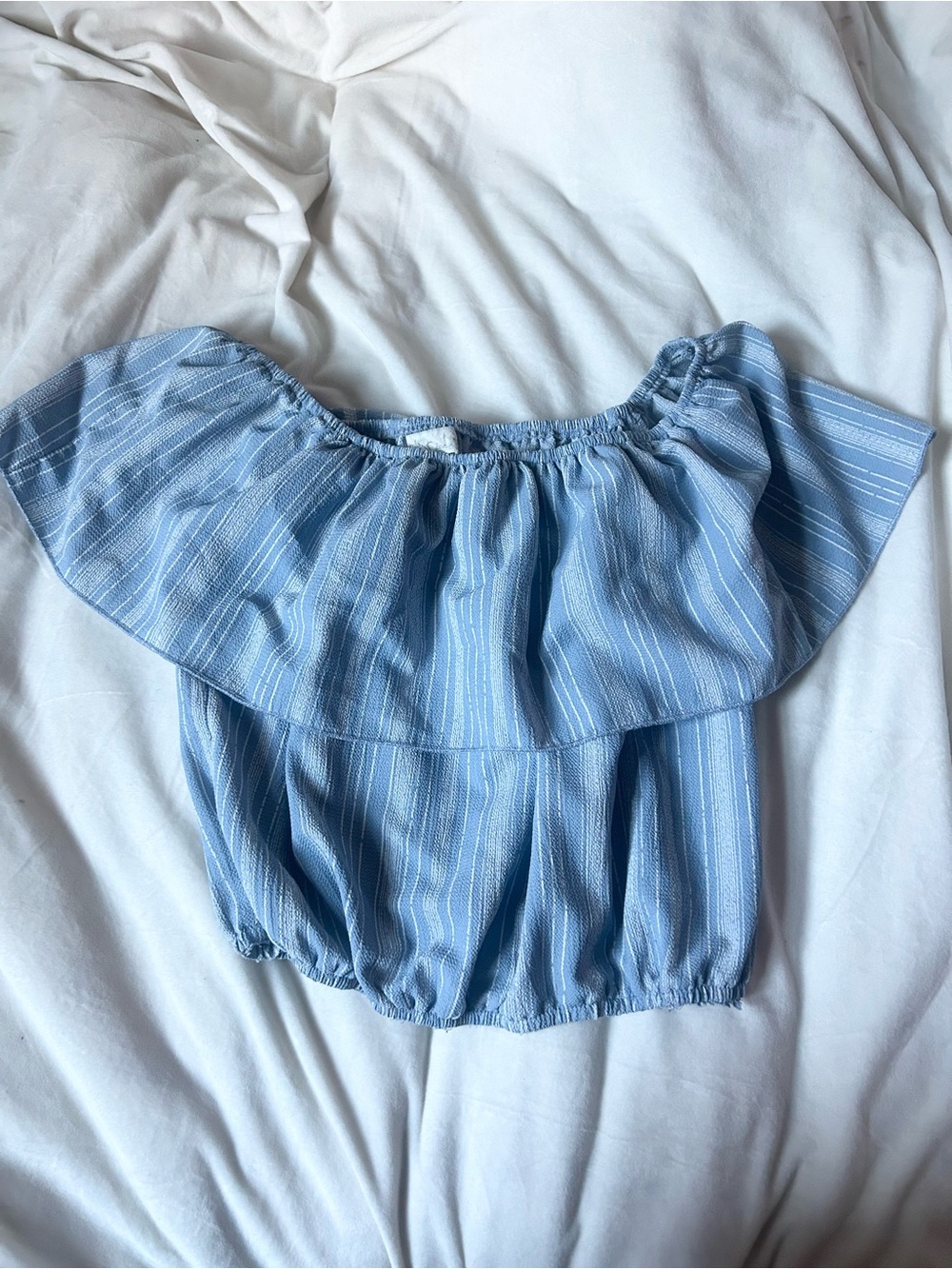 Light Blue Striped Off-Shoulder Ruffle Crop Top